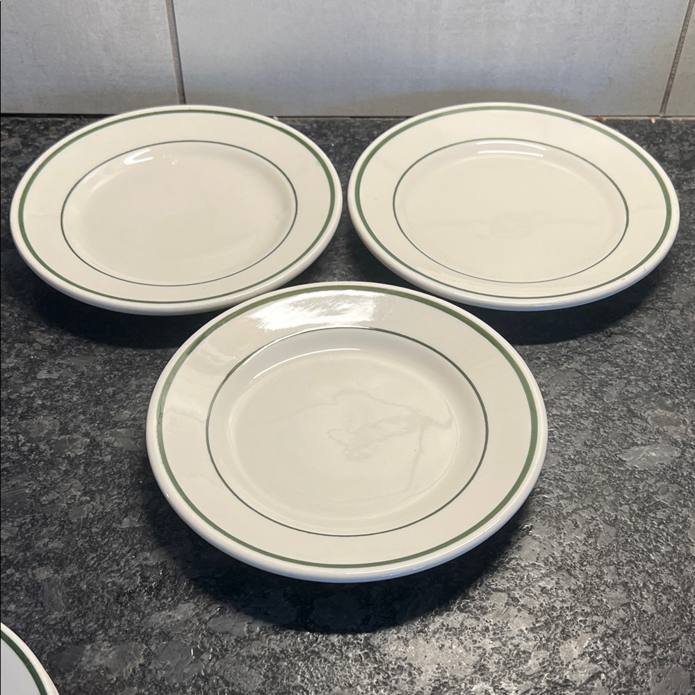 Buffalo China Classic White Restaurant (Diner) Plates with Green Rim Set of 3-7”